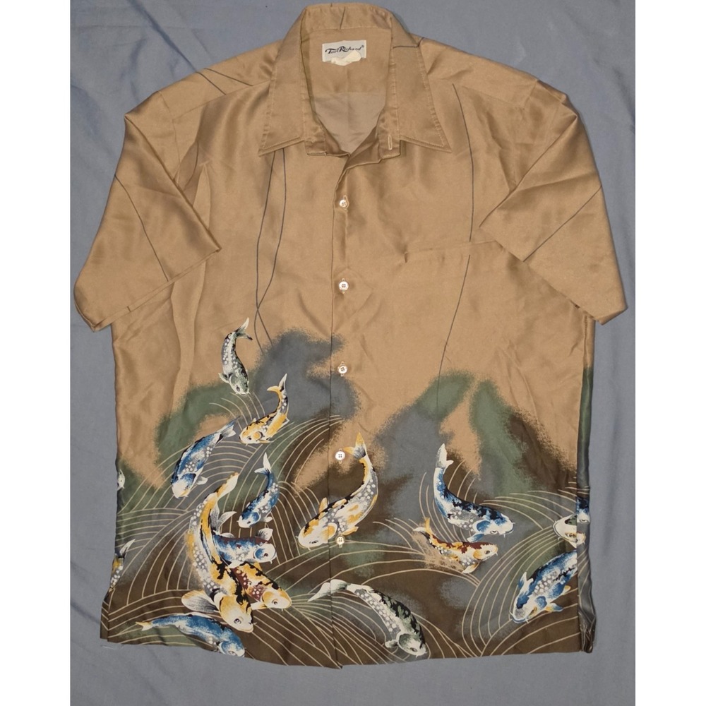 Vintage 1970's Tori Richard Hawaiian Shirt Tan‎ Koi Single Stitch Sz Large